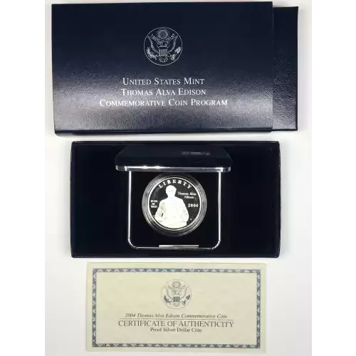 2004-P Thomas Alva Edison Proof Silver Dollar w US Mint OGP - Box & COA
