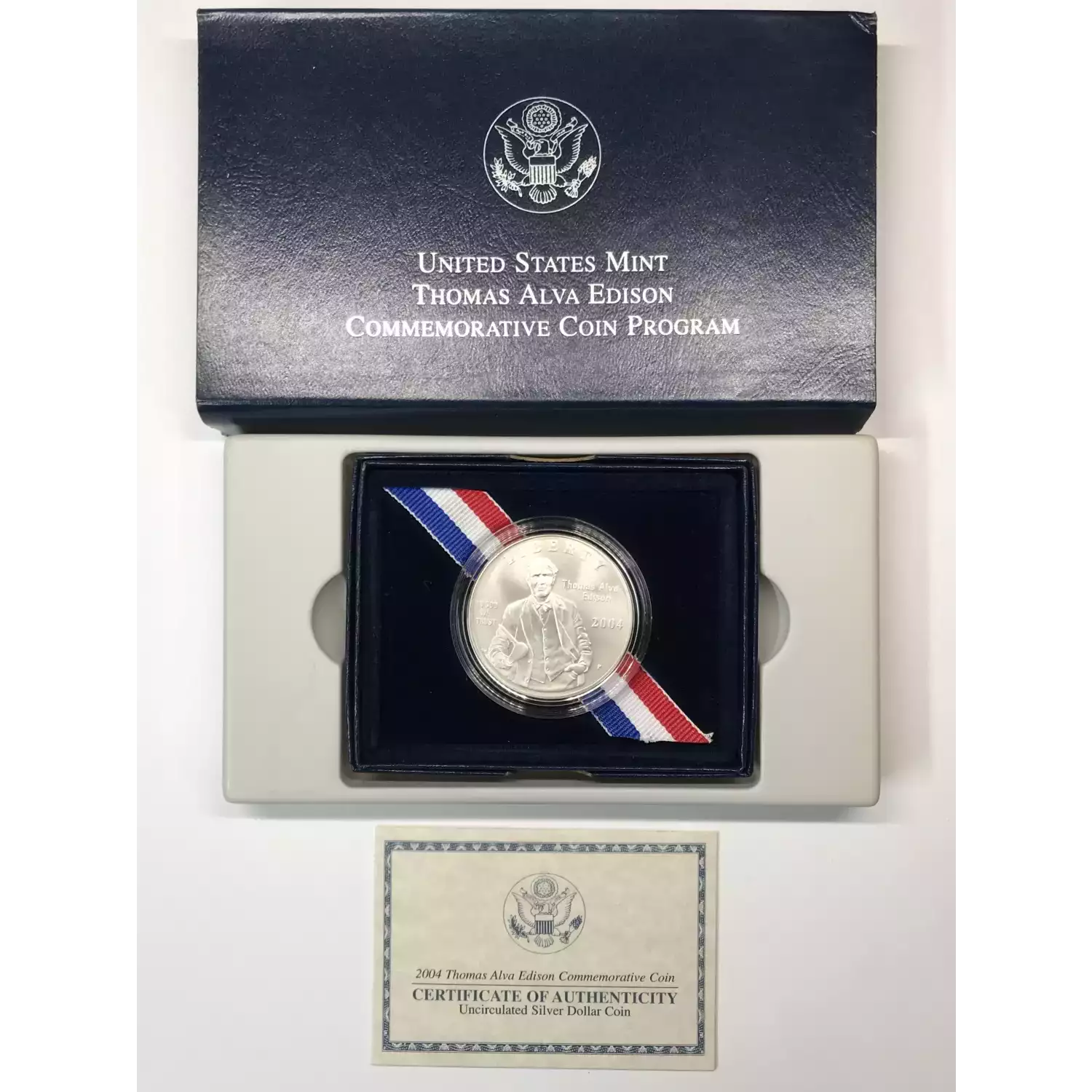 2004-P Thomas Alva Edison Uncirculated Silver Dollar w US Mint OGP - Box & COA (3)