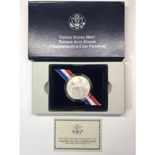 2004-P Thomas Alva Edison Uncirculated Silver Dollar w US Mint OGP - Box & COA (3)