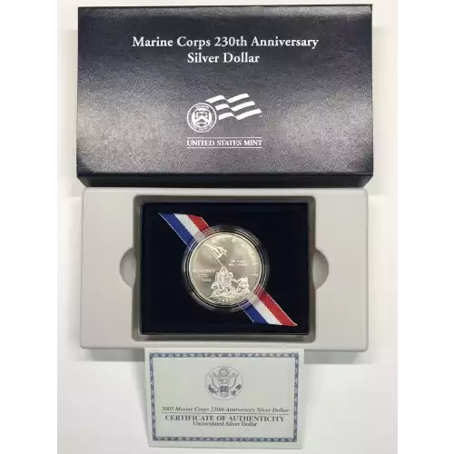 2005 P Marine Corps 230th Anniversary Uncirculated Silver Dollar w Box & COA (3)