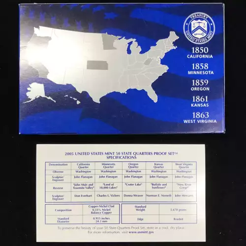 2005-S Clad State Quarters Proof Set w US Mint OGP - Box & COA (5)