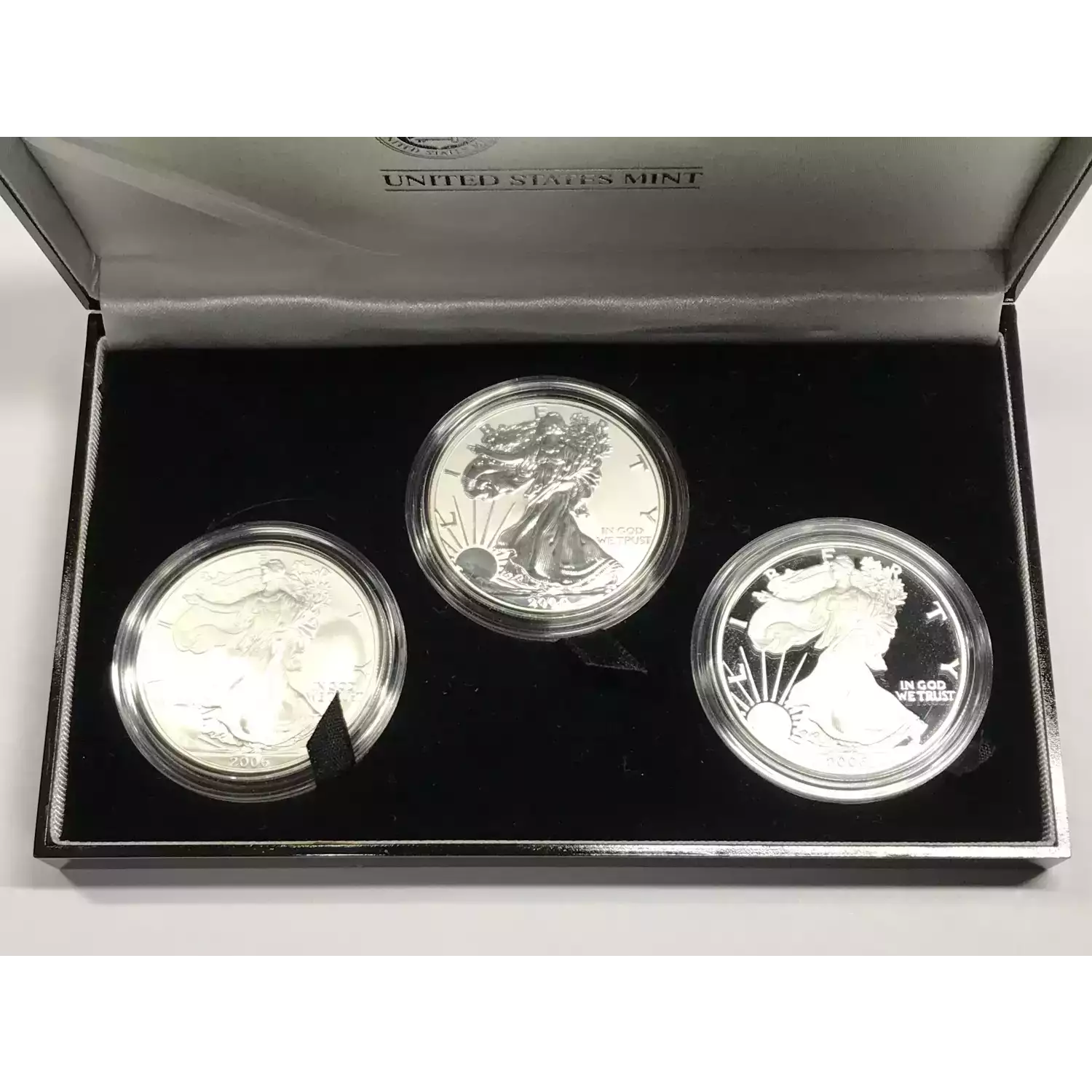 2006 Silver Eagle 20th Anniversary 3-Coin Set w OGP Box & COA - Pf, Rev Pf, UNC