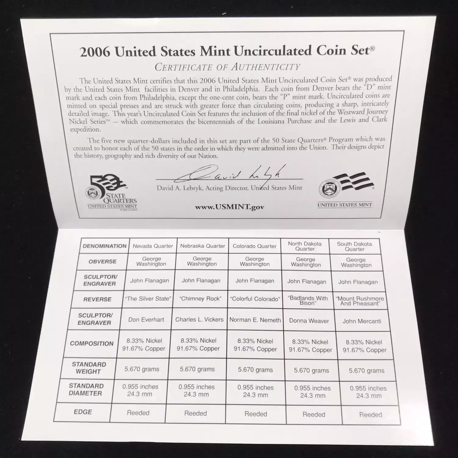 2006 US Mint Uncirculated Coin Set - P & D - SMS Satin Finish (10)