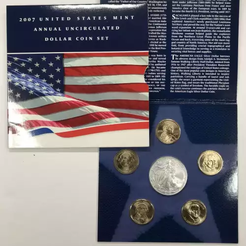 2007 Annual Uncirculated Dollar Coin Set incl W Burnished Silver Eagle - US Mint (6)