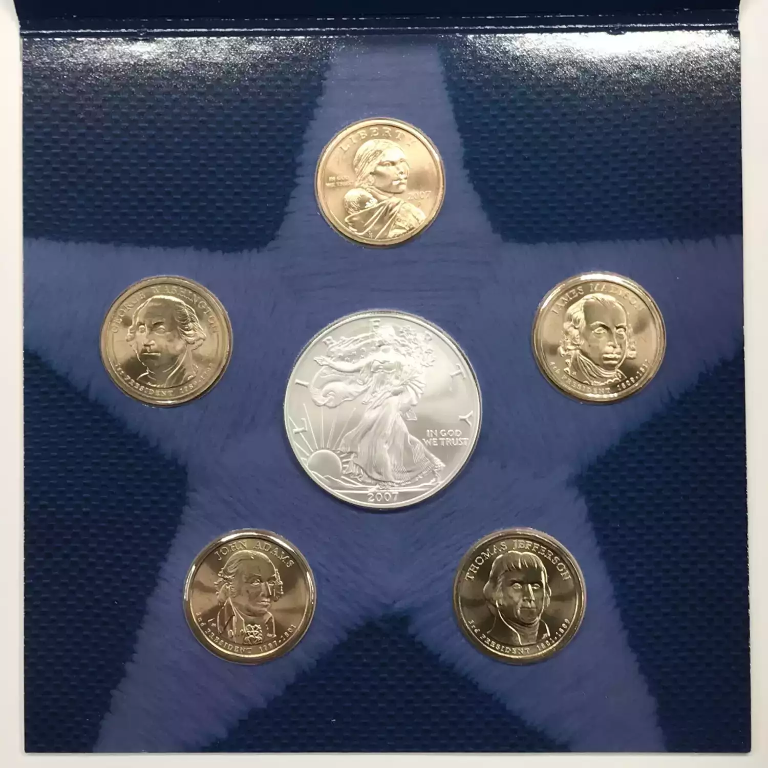 2007 Annual Uncirculated Dollar Coin Set incl W Burnished Silver Eagle - US Mint (2)