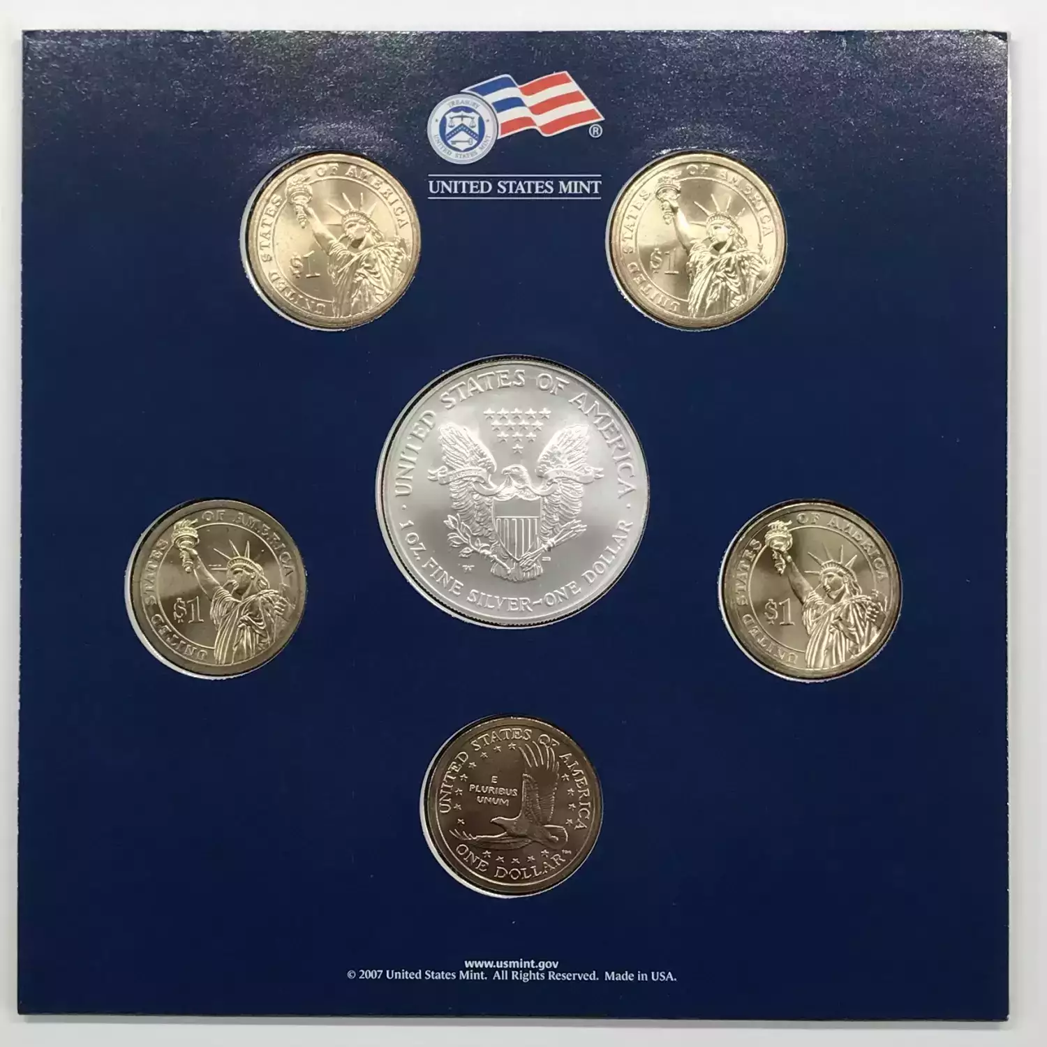 2007 Annual Uncirculated Dollar Coin Set incl W Burnished Silver Eagle - US Mint (3)