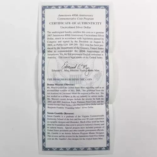 2007-P Jamestown 400th Anniversary Uncirculated Silver Dollar w US Mint Box  COA (3)