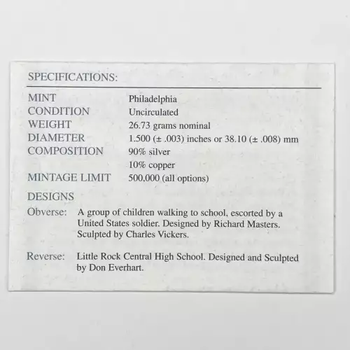 2007-P Little Rock High School Desegregation Uncirculated Silver Dollar Box COA