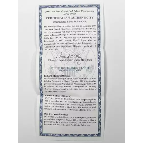 2007-P Little Rock High School Desegregation Uncirculated Silver Dollar Box COA