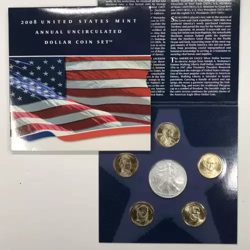 2008 Annual Uncirculated Dollar Coin Set incl W Burnished Silver Eagle - US Mint (6)