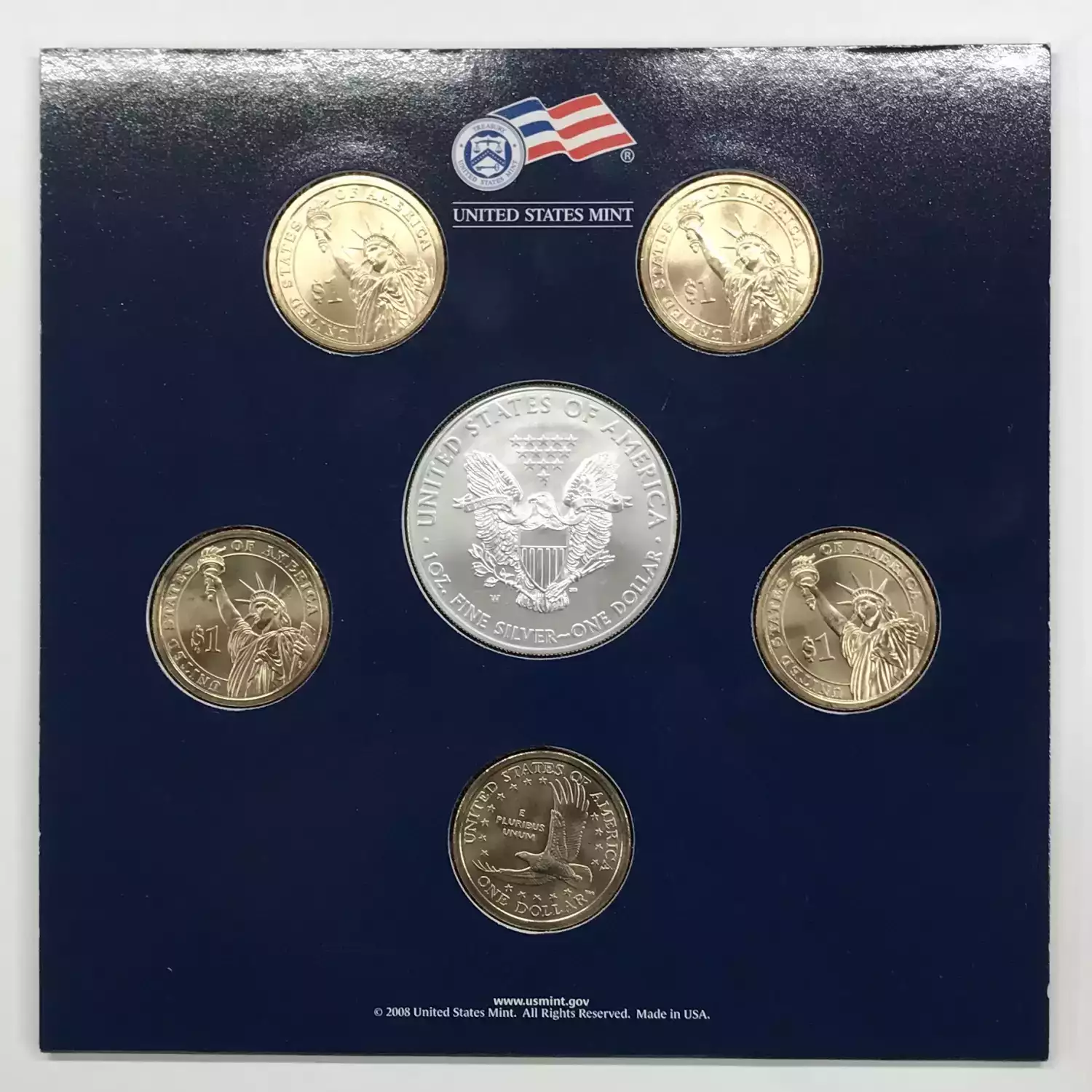 2008 Annual Uncirculated Dollar Coin Set incl W Burnished Silver Eagle - US Mint (3)