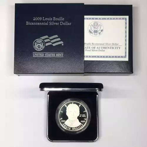 2009-P Louis Braille Bicentennial Proof Silver Dollar w US Mint OGP - Box & COA