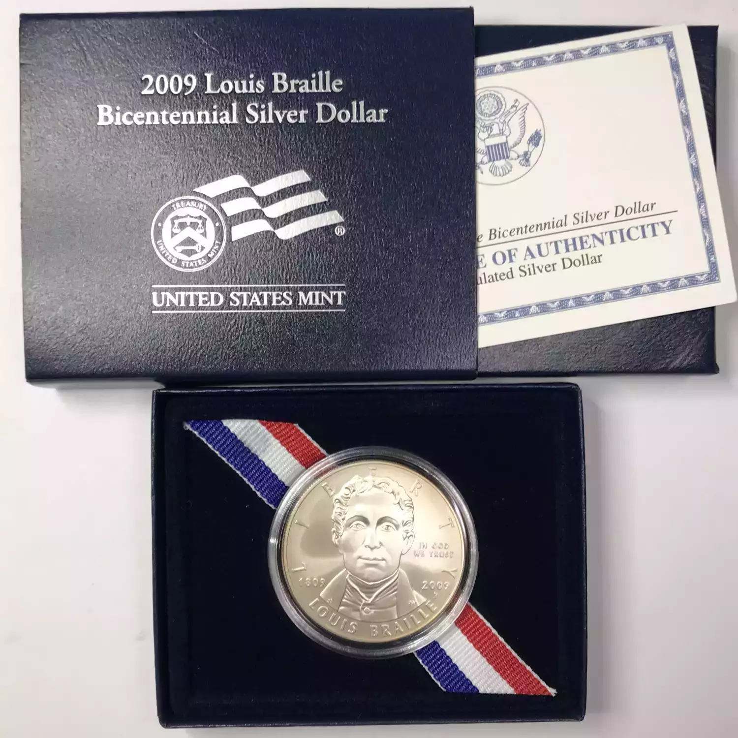 2009-P Louis Braille Bicentennial Uncirculated Silver Dollar w US Mint Box & COA