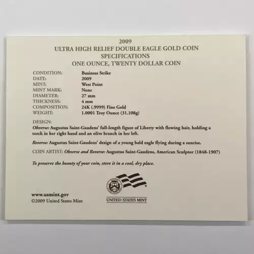 2009 Ultra High Relief (UHR) $20 Saint-Gaudens Double Eagle 1 oz Gold Coin w OGP
