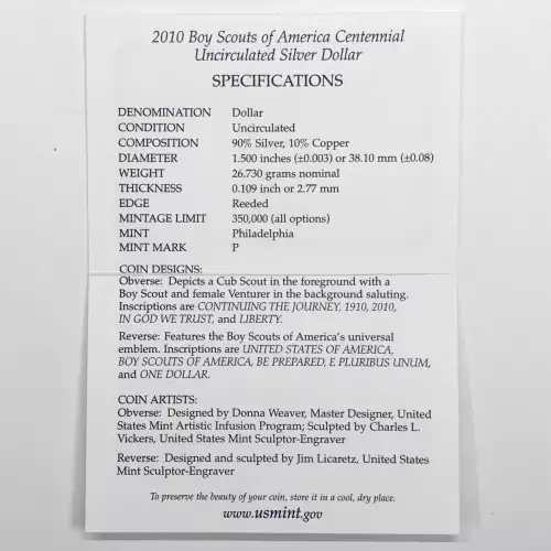 2010-P Boy Scouts of America (BSA) Uncirculated Silver Dollar  US Mint Box & COA (2)