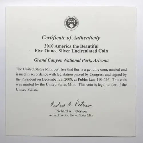 2010-P Grand Canyon ATB 5 oz Silver Uncirculated Coin w/ US Mint OGP - Box & COA (3)