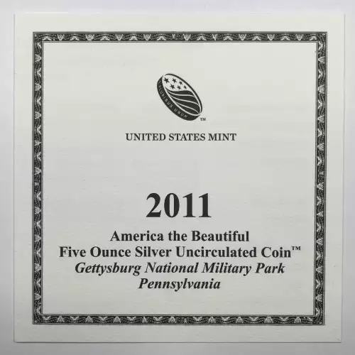 2011-P Gettysburg ATB 5 oz Silver Uncirculated Coin w/ US Mint OGP - Box & COA (6)
