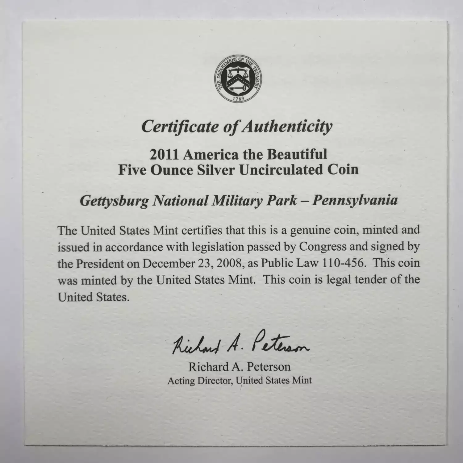 2011-P Gettysburg ATB 5 oz Silver Uncirculated Coin w/ US Mint OGP - Box & COA (5)