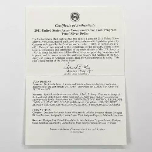 2011-P United States Army Proof Silver Dollar w US Mint OGP - Box & COA (2)