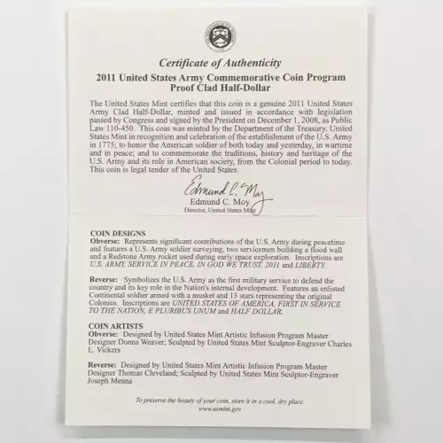 2011-S United States Army Proof Clad Half Dollar w US Mint OGP - Box & COA (3)