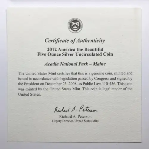 2012-P Acadia ATB 5 oz Silver Uncirculated Coin w/ US Mint OGP - Box & COA (2)