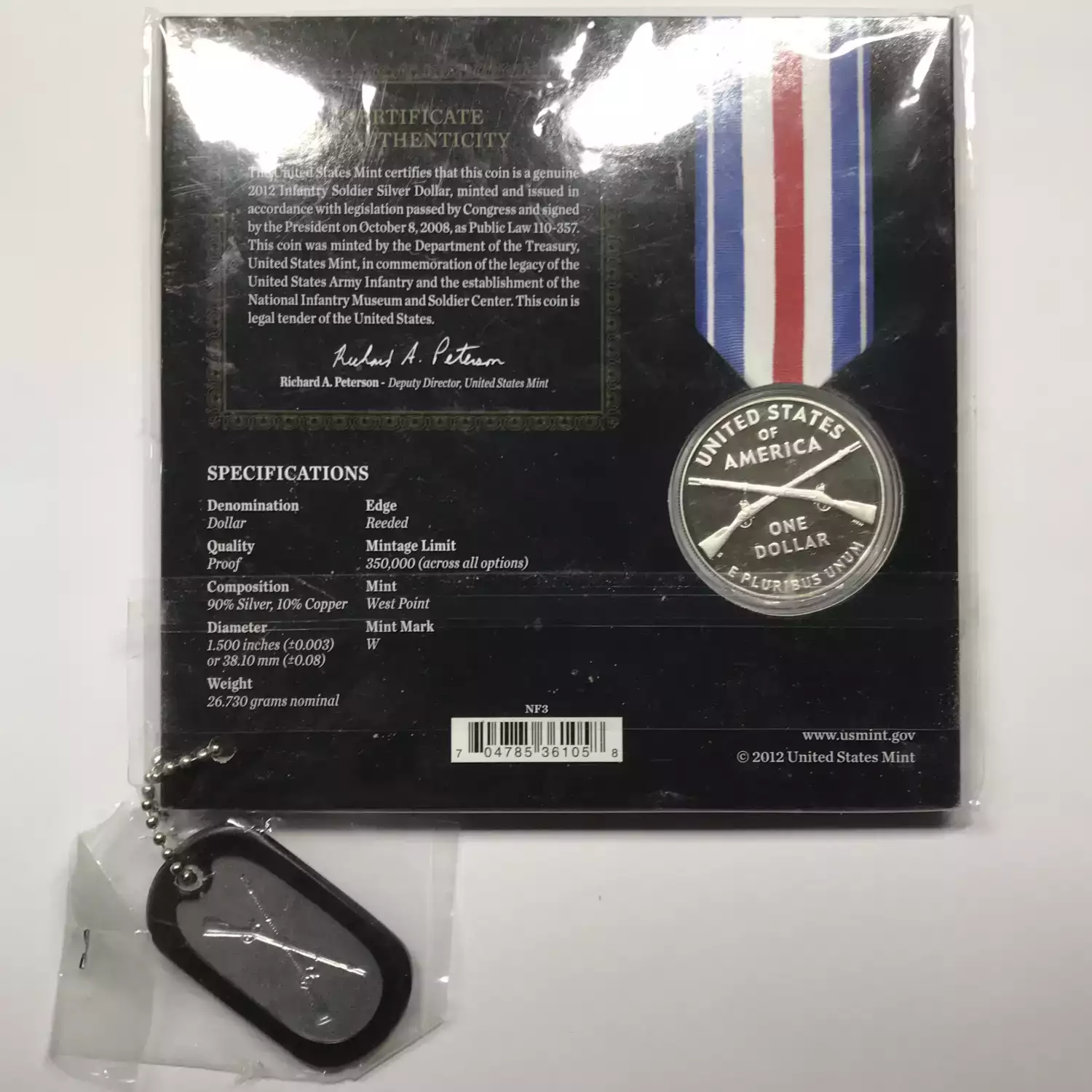 2012-W Infantry Soldier Proof Silver Dollar Defenders of Freedom Set w/ Dog Tag (3)