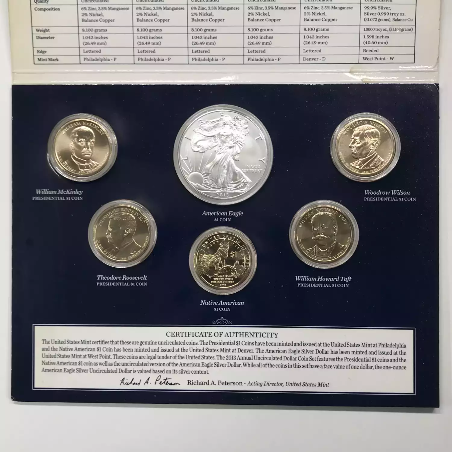 2013 Annual Uncirculated Dollar Coin Set incl W Burnished Silver Eagle - US Mint