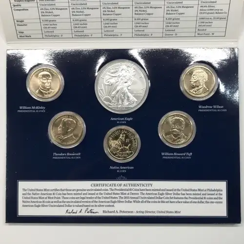 2013 Annual Uncirculated Dollar Coin Set incl W Burnished Silver Eagle - US Mint (4)