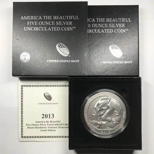 2013-P Mount Rushmore ATB 5 oz Silver Uncirculated Coin w/ US Mint OGP Box & COA (4)