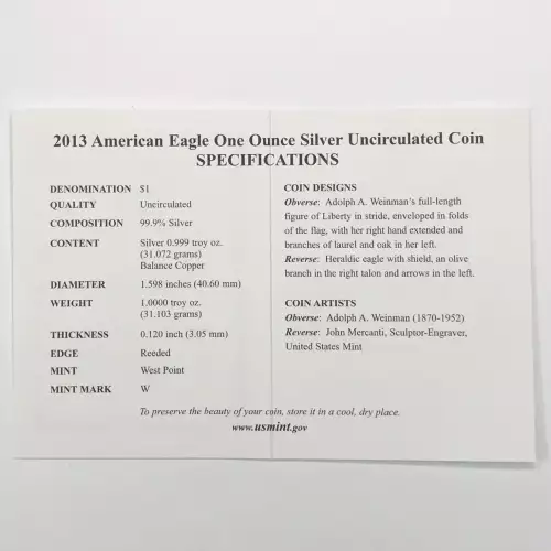 2013-W Burnished Uncirculated Silver Eagle w OGP - Box & COA