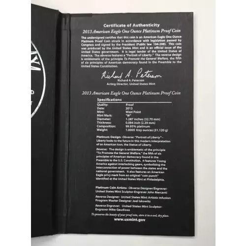 2013-W Proof 1 oz $100 Platinum Eagle Preamble Series US Mint OGP - Box & COA (5)