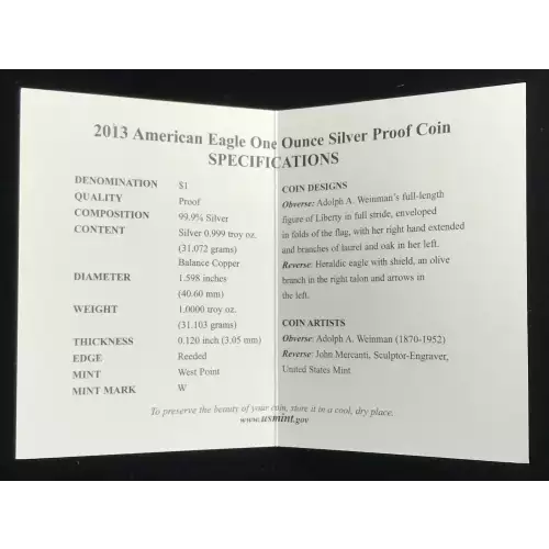 2013-W Proof Silver Eagle w OGP - Box & COA