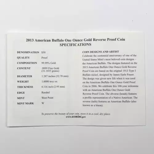 2013-W Reverse Proof 1 oz Gold Buffalo $50 Coin w US Mint OGP Box & COA (4)
