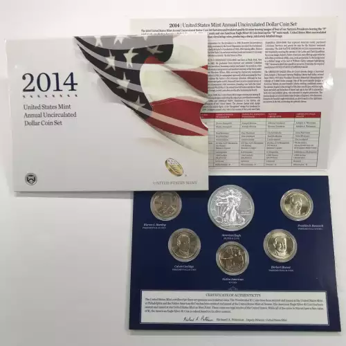 2014 Annual Uncirculated Dollar Coin Set incl W Burnished Silver Eagle - US Mint