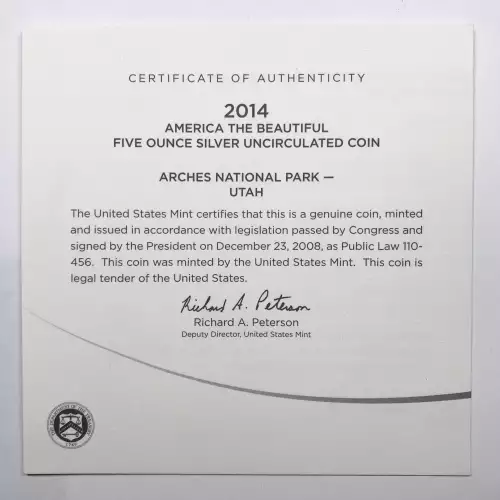 2014-P Arches ATB 5 oz Silver Uncirculated Coin w/ US Mint OGP - Box & COA (5)