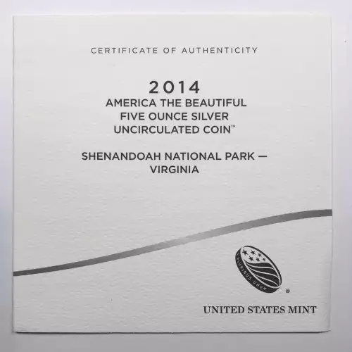 2014-P Shenandoah ATB 5 oz Silver Uncirculated Coin w/ US Mint OGP - Box & COA