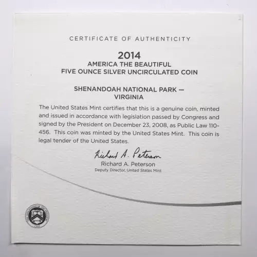 2014-P Shenandoah ATB 5 oz Silver Uncirculated Coin w/ US Mint OGP - Box & COA (3)