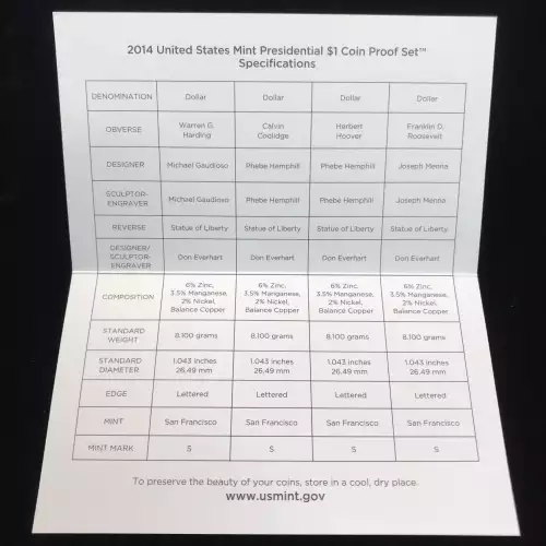 2014-S Presidential Dollar Proof Set w US Mint OGP - Box & COA (2)