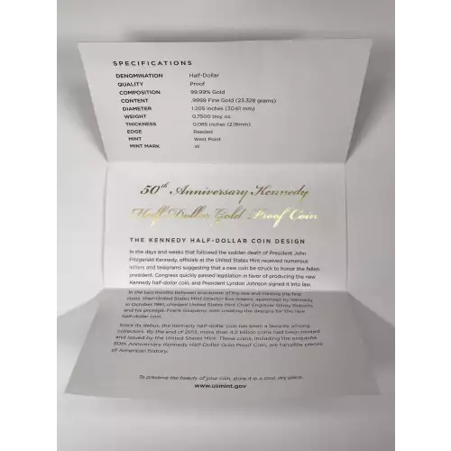 2014-W Proof 3/4 oz Gold Kennedy Half Dollar w US Mint OGP - Box & COA - .9999 