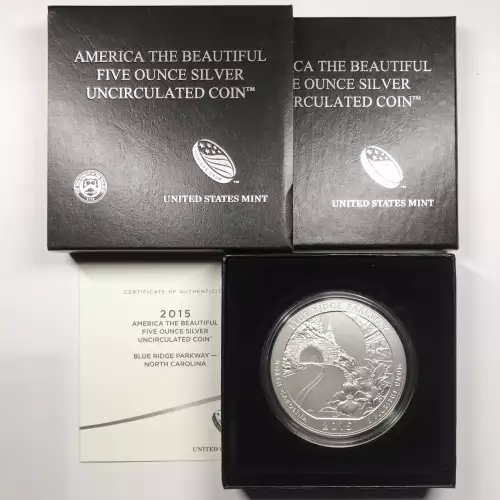 2015-P Blue Ridge Parkway ATB 5 oz Silver Uncirculated Coin -US Mint OGP Box COA (5)