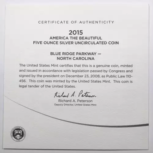 2015-P Blue Ridge Parkway ATB 5 oz Silver Uncirculated Coin -US Mint OGP Box COA (2)
