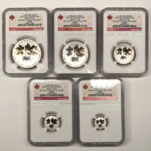 2016 A Historic Reign Gilt Reverse Proof Silver Maple Leaf 5-Coin Set NGC PF-69 EARLY RELEASES