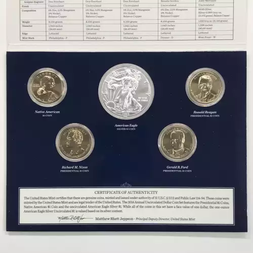 2016 Annual Uncirculated Dollar Coin Set incl W Burnished Silver Eagle - US Mint