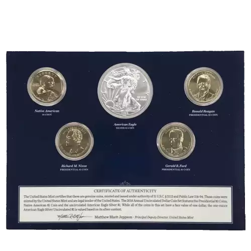 2016 Annual Uncirculated Dollar Coin Set incl W Burnished Silver Eagle - US Mint