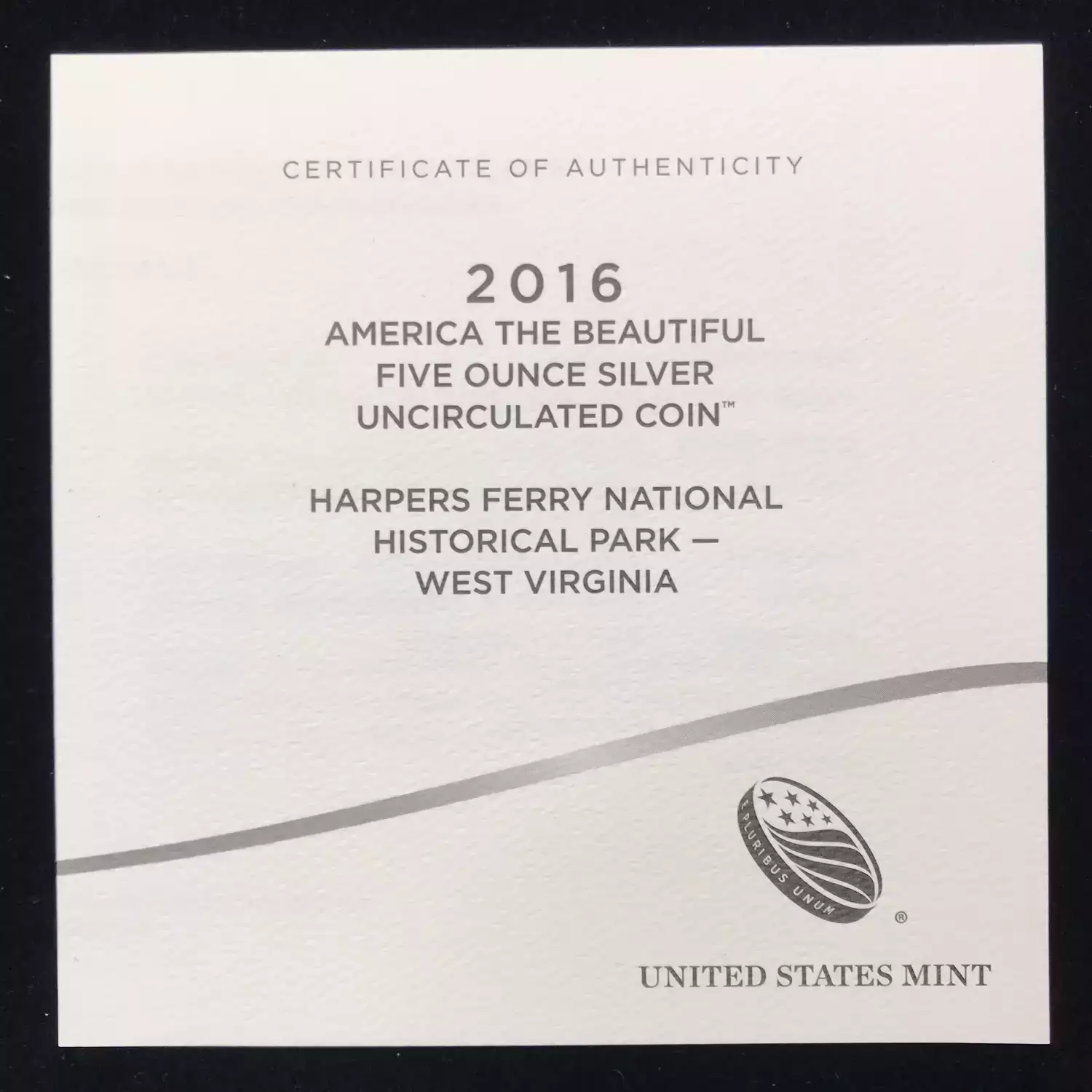 2016-P Harpers Ferry ATB 5 oz silver uncirculated coin w/ US Mint OGP box & COA (7)