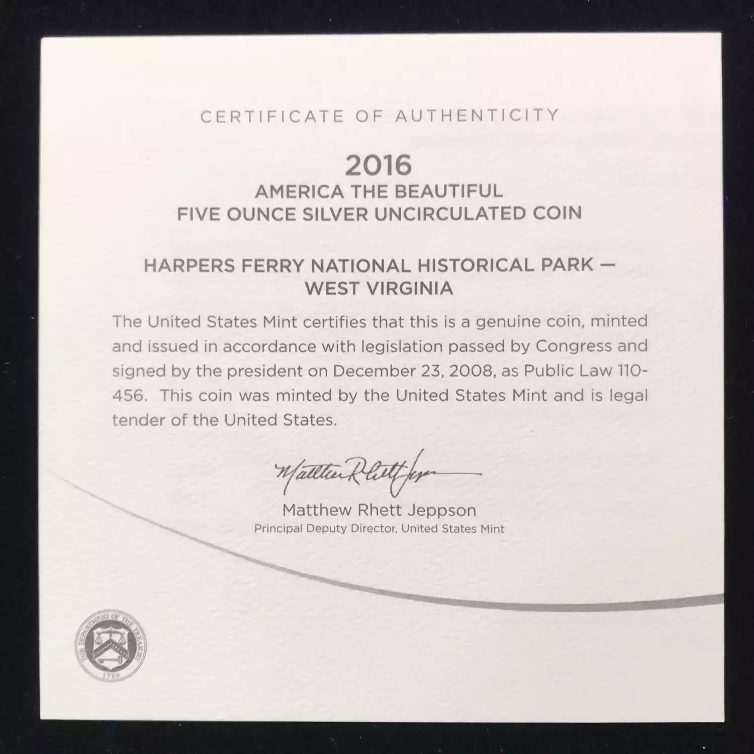 2016-P Harpers Ferry ATB 5 oz silver uncirculated coin w/ US Mint OGP box & COA (8)