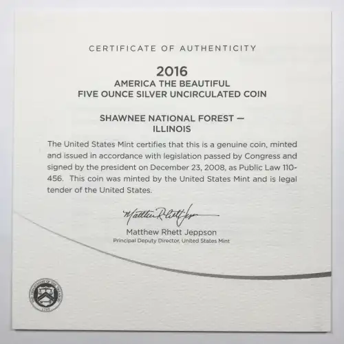 2016-P Shawnee Forest ATB 5 oz Silver Uncirculated Coin w US Mint OGP Box & COA (3)