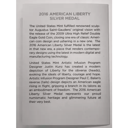 2016-S American Liberty 1 oz Proof Silver Medal w US Mint OGP - Box & COA