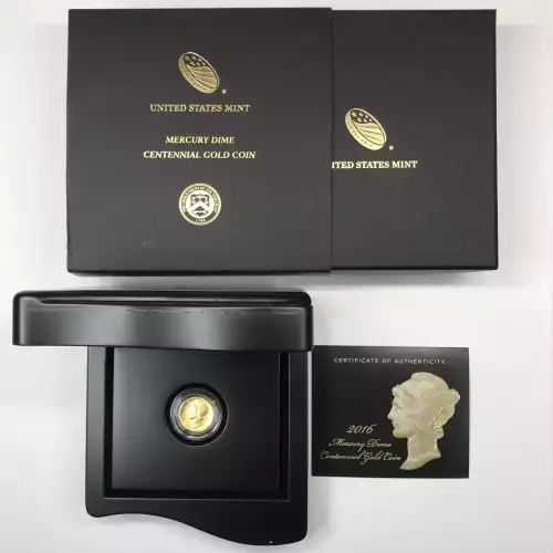 2016-W Mercury Dime Centennial 1/10 oz Gold Coin w OGP - Box & COA