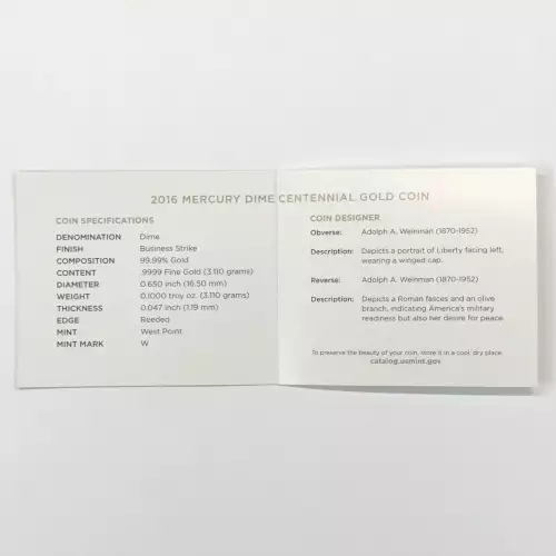 2016-W Mercury Dime Centennial 1/10 oz Gold Coin w OGP - Box & COA